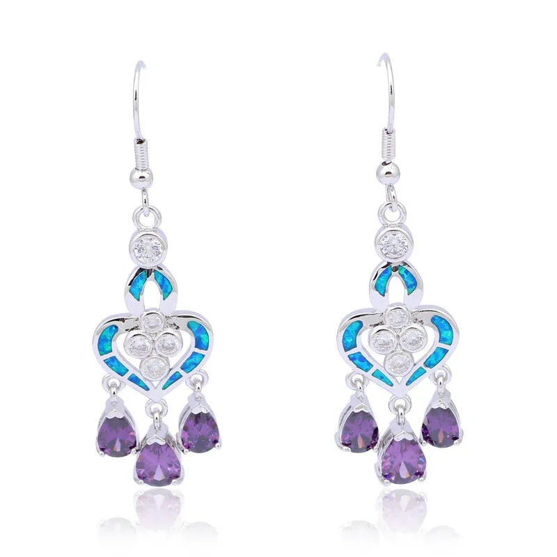 Opal Earrings Dangle - Heart Shape Earrings with Blue Opal